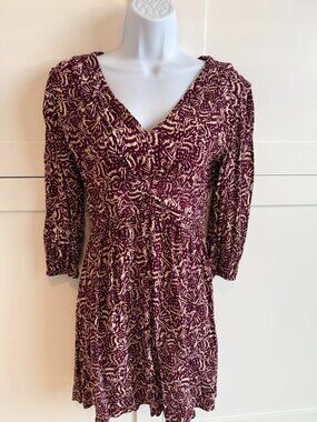 ba&sh Burgundy Print Mini Dress | Long Sleeve V-Neck | Size S
